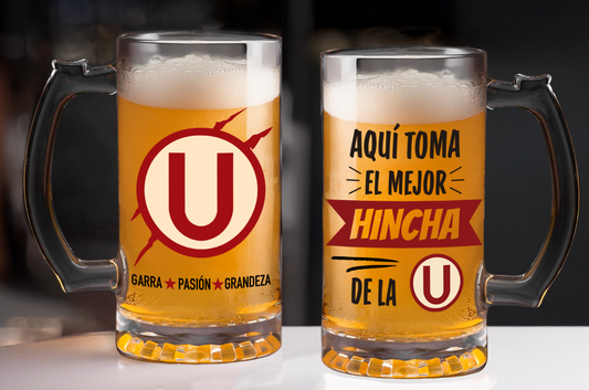 Chop Aquí Toma el Mejor Hincha de la U - Chop Cervecero Transparente de la U - Tazas y Chops Cerveceros de Fútbol