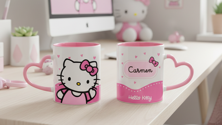 Taza Hello Kitty Saludando con Nombre Personalizado | Tazas Hello Kitty | Taza Asa de Corazón Rosado