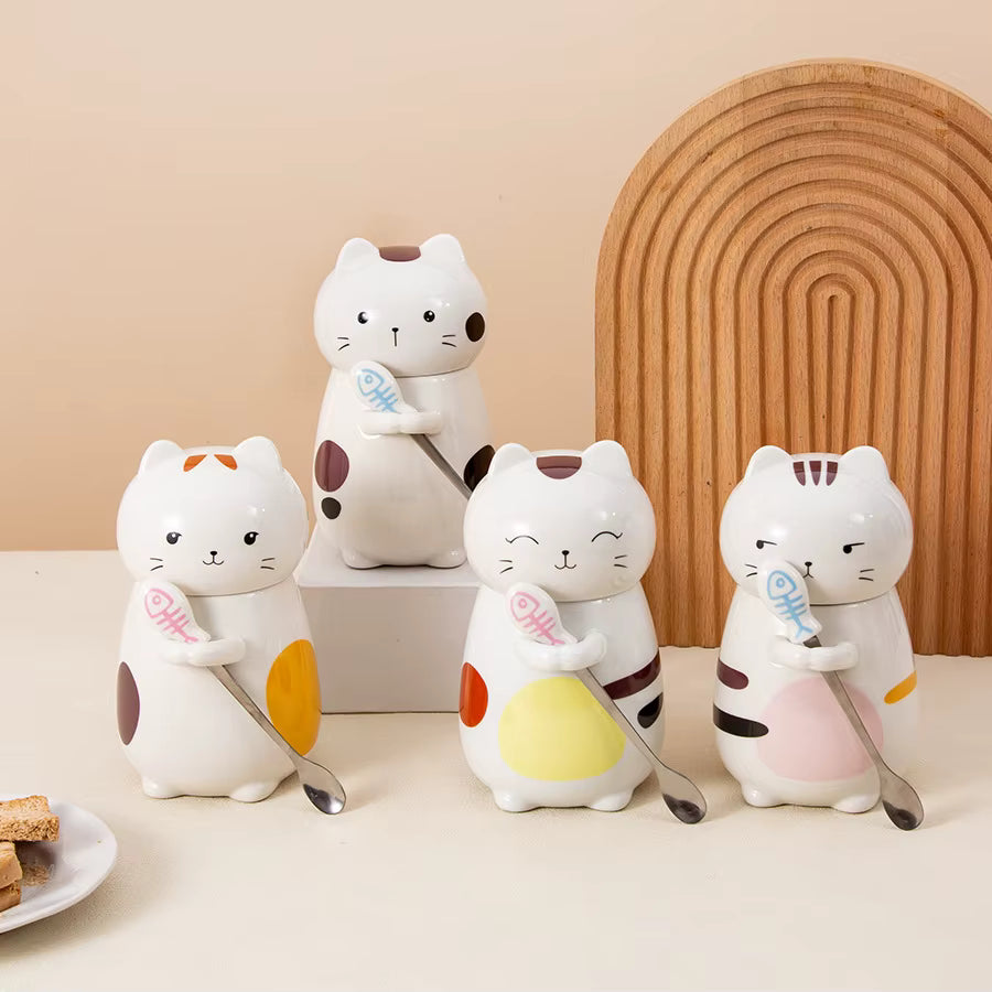 Taza Gatito Kawaii con Tapa y Cuchara