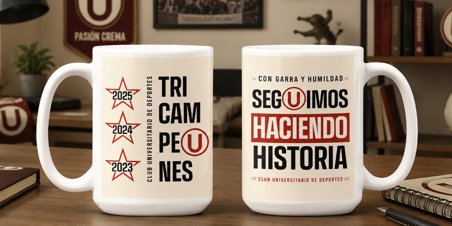 Taza Tricampeón Universitario | Tazas Universitario de Deportes | Taza Blanca de 15 oz
