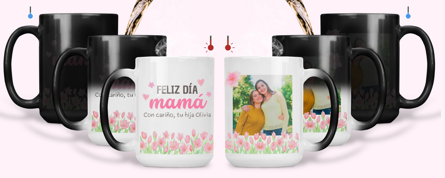 Taza Feliz Día Mamá Personalizado con tu Nombre y Foto | Tazas Día de la Madre - Tazas para Mamá | Taza Mágica de 15 oz