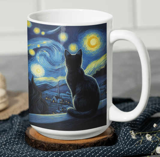 Taza Gatito Negro en la Noche Estrellada - Taza Van Gogh