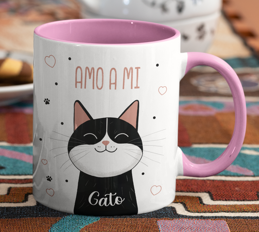 Taza Amo a mi Gato_ Taza Blanca y Rosada 11 oz _ Taza Gatos