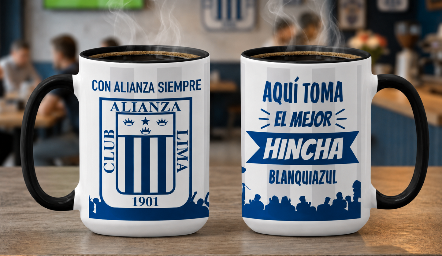 Taza Aquí Toma el Mejor Hincha Blanquiazul | Taza Alianza Lima Blanca y Negra de 15 oz