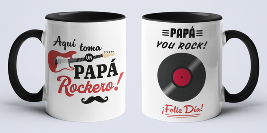 Taza Aquí Toma un Papá Rockero- Taza Blanca y Negra 11 oz -Tazas Día del Padre - Tazas para Papá
