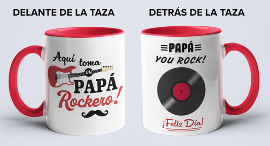 Taza Aquí Toma un Papá Rockero- Taza Blanca y Roja 11 oz -Tazas Día del Padre - Tazas para Papá