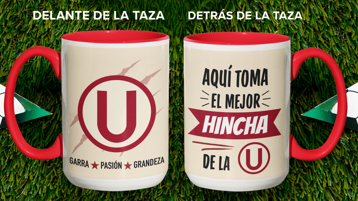 Taza Aquí toma el mejor hincha de la U - Taza Blanca y Roja 15 oz - Taza de Fútbol - Tazas Día del Padre - Tazas para Papá