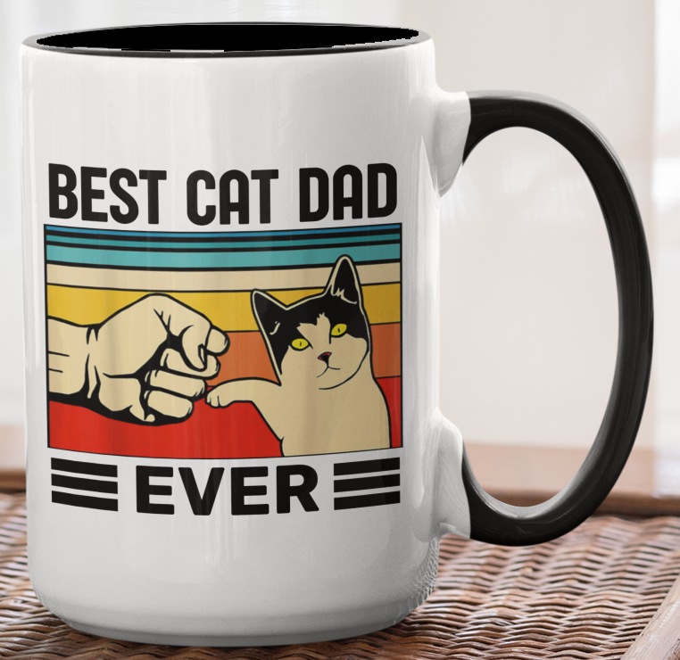 Taza Best Cat Dad Ever - Taza Blanca y Negra 15 oz - Taza Gato