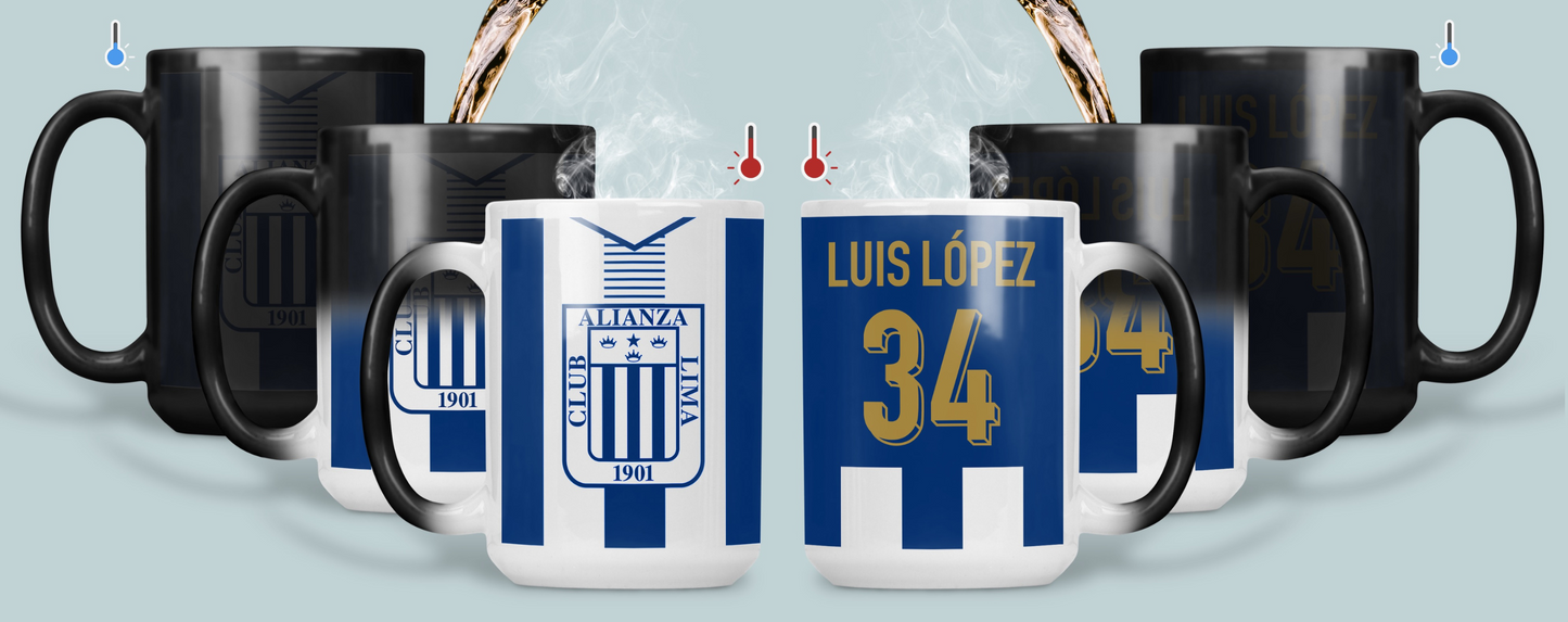 Taza Camiseta Alianza Lima con tu Nombre Mágica de 15 oz - Tazas Fútbol - Tazas para Ellos - Tazas Alianza Lima