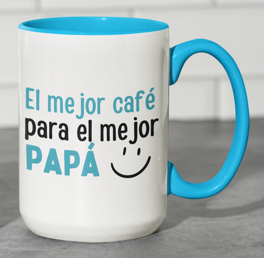 Taza El Mejor Café para el Mejor Papá - Taza Blanca y Celeste 15 oz -Tazas Día del Padre - Tazas para Papá