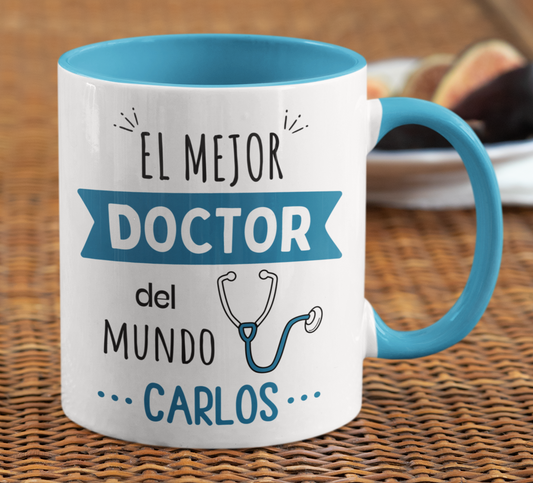 Taza El Mejor Doctor del Mundo Personalizado con Nombre - Taza Blanca y Celeste 11 oz - Tazas para Doctores - Tazas Día de la Medicina