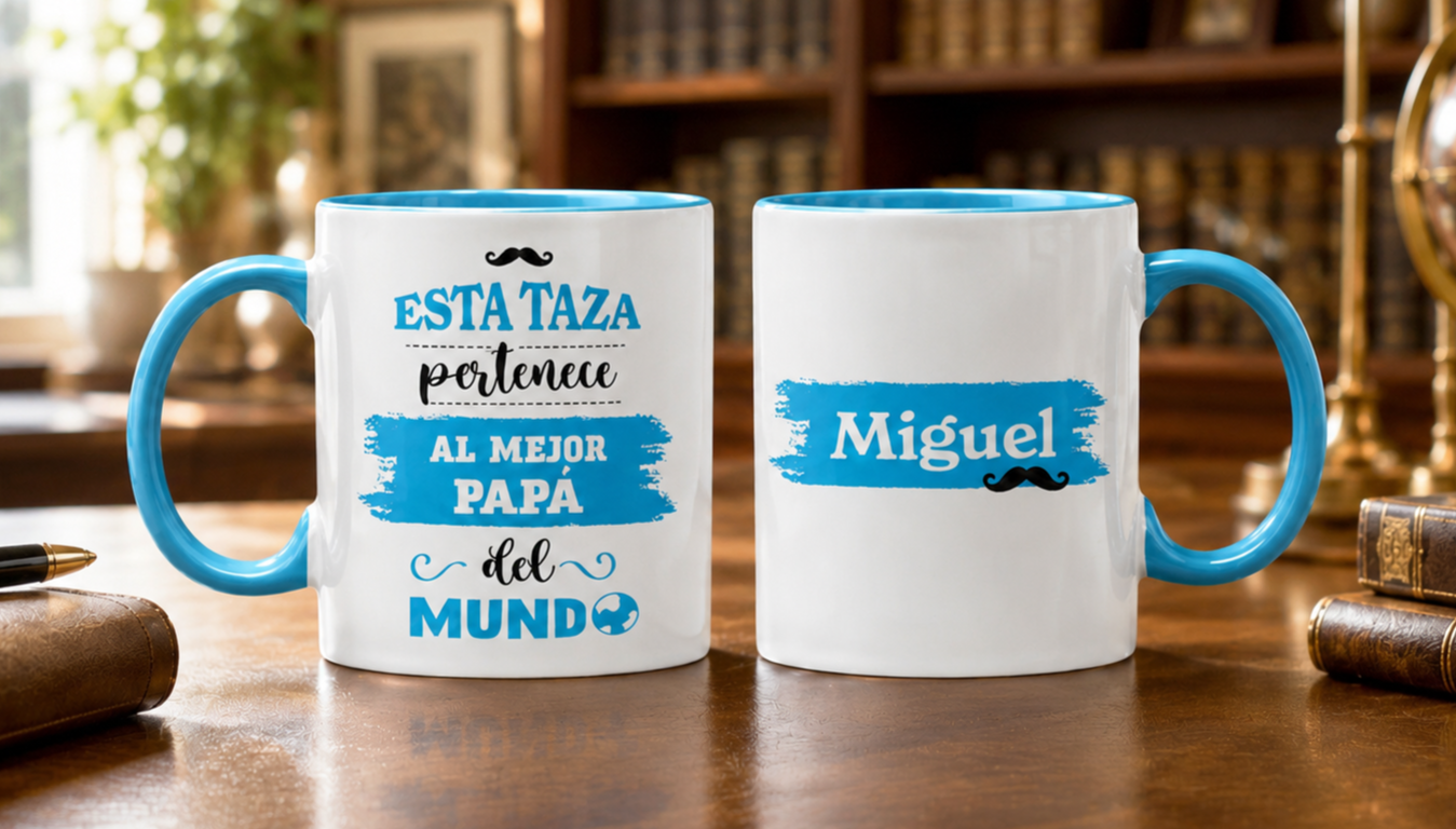 Taza El Mejor Papá del Mundo con Nombre Personalizado | Tazas para Papá | Taza Blanca y Celeste de 11 oz