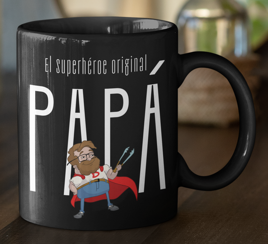 Taza El Superhéroe Original Papá - Taza Negra 11 oz - Tazas Día del Padre - Tazas para Papá