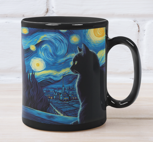 Taza Gatito Negro Mirando la Noche Estrellada - Taza Van Gogh