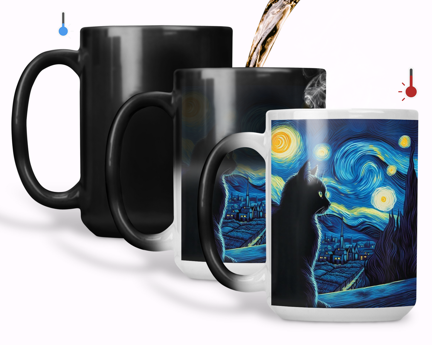Taza Gatito Negro Mirando la Noche Estrellada - Taza Mágica 15 oz - Taza Van Gogh