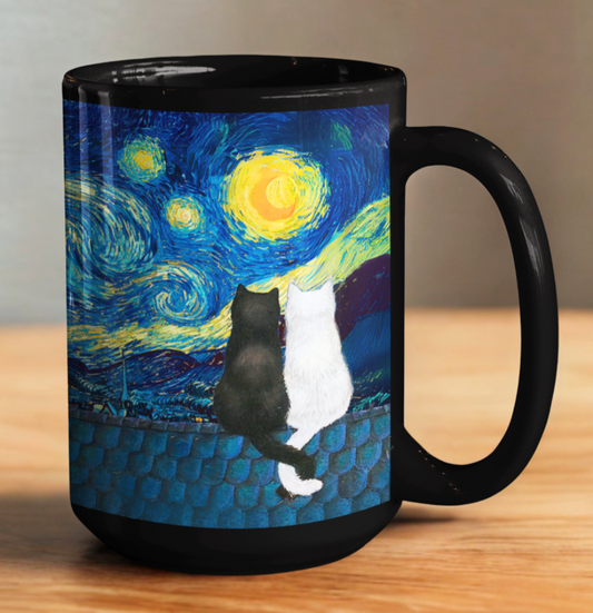 Taza Gatitos Enamorados en La Noche Estrellada - Taza Negra 15 oz- Taza San Valentín para Parejas