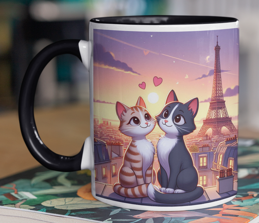 Taza Gatitos Enamorados en París -Taza Blanca y Negra 11 oz - Taza Gato