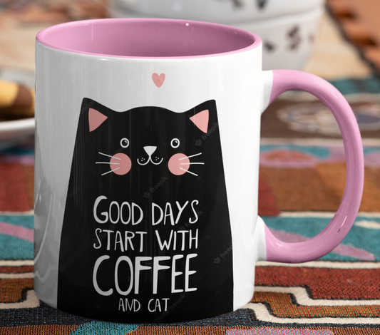 Taza Good Days Start with Cat _ Taza Blanco y Rosado 11 oz _ Taza Gatos