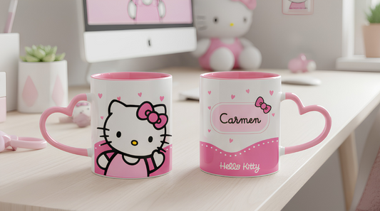 Taza Hello Kitty Saludando con Nombre Personalizado | Tazas Hello Kitty | Taza asa de corazón rosado de 11 oz