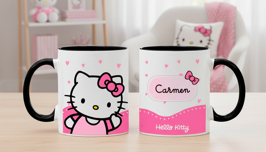 Taza Hello Kitty Saludando con Nombre Personalizado | Tazas Hello Kitty | Taza blanca y negra de 11 oz