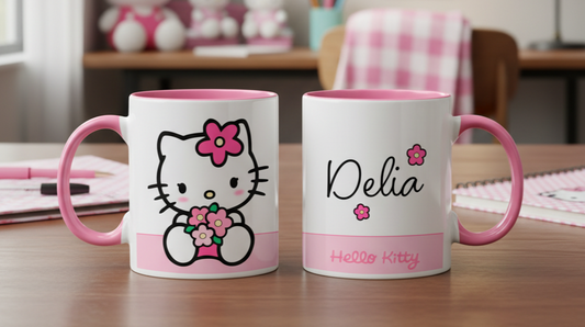 Taza Hello Kitty con tu Nombre Personalizado | Tazas Hello Kitty | Taza Blanca y Rosada de 11 oz