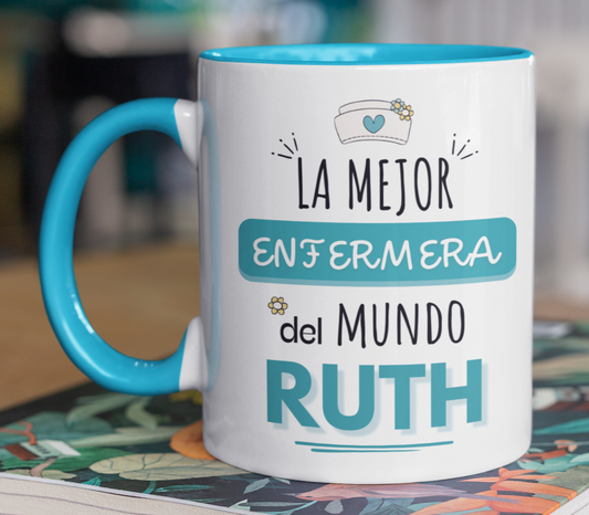 Taza La Mejor Enfermera del Mundo Personalizado con Nombre - Taza Blanca y Celeste 11 oz - Taza Enfermera