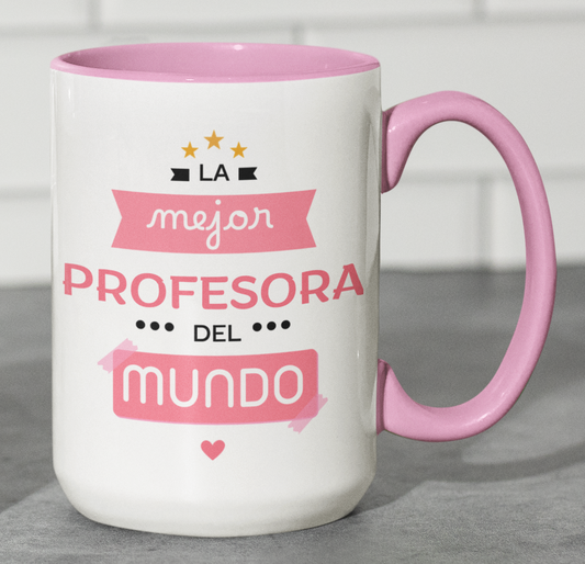 Taza La Mejor Profesora del Mundo -Taza Blanca y Rosada 15 oz-Tazas Día del Maestro -Taza Profesor (2)