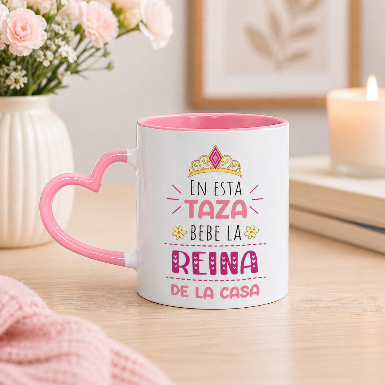Taza La Reina de la Casa | Tazas Día de la Madre - Tazas para Mamá | Taza Asa de Corazón Rosado