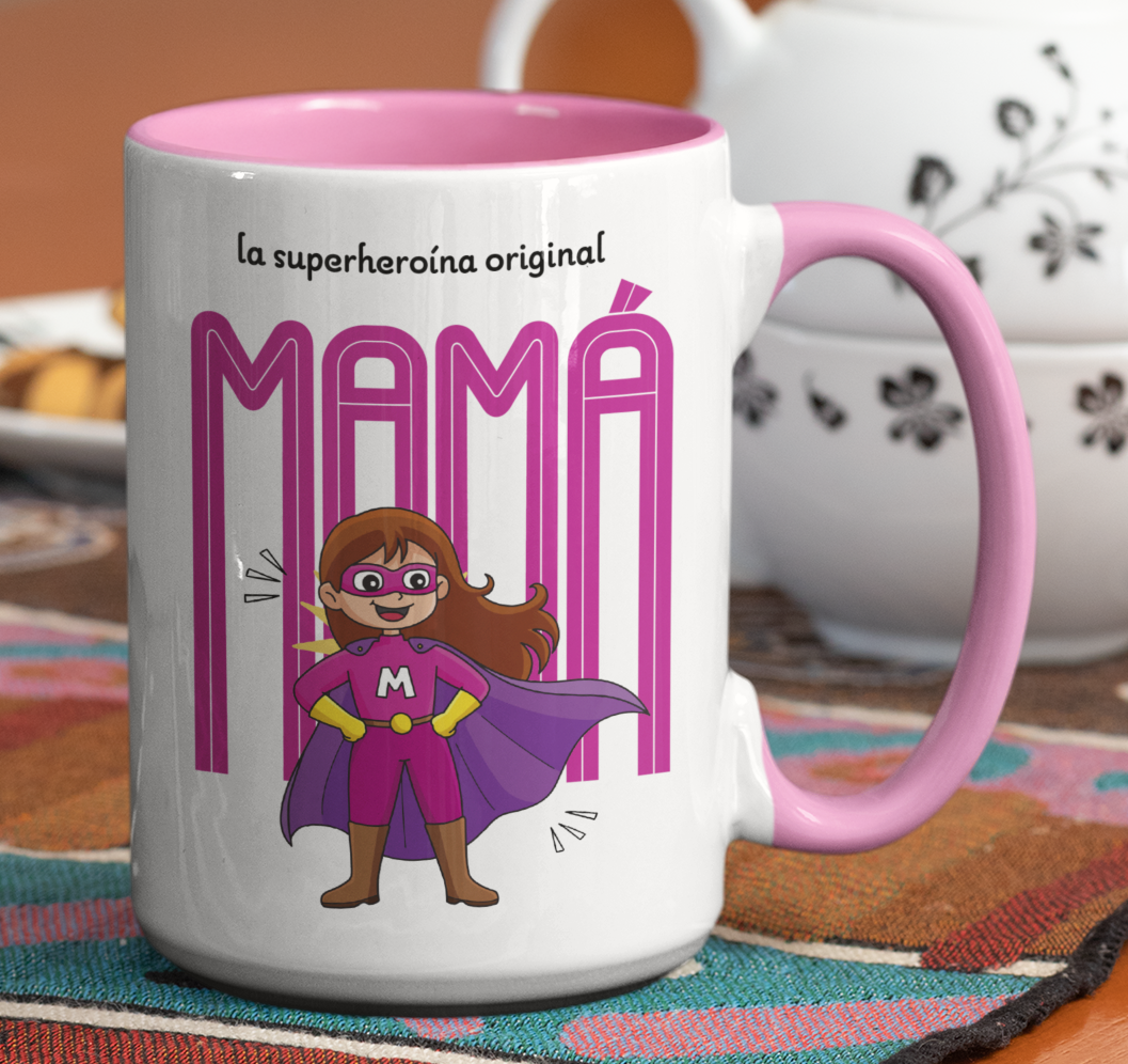 Taza La Súper Heroína Mamá - Taza Blanca y Rosada 15 oz - Taza Día de la Madre - Taza para Mamá