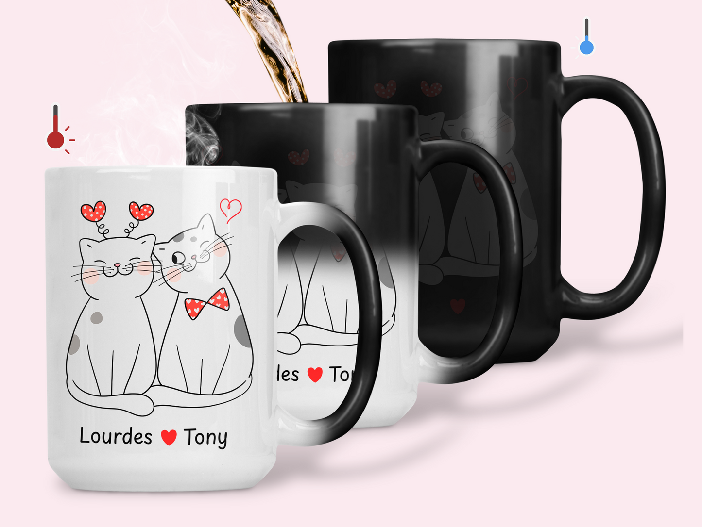 Taza Mágica de 15 oz de Gatos Pareja con Nombres Personalizados - Tazas San Valentín - Tazas para Parejas
