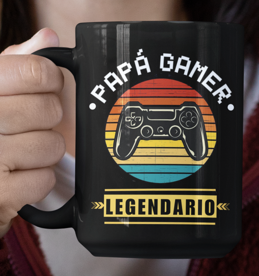 Taza Papá Gamer Legendario - Taza Negra 15 oz -Tazas Día del Padre - Tazas para Papá
