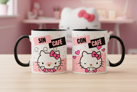 Taza Sin Café / Con Café | Tazas Hello Kitty | Taza Blanca y Negra 11 oz