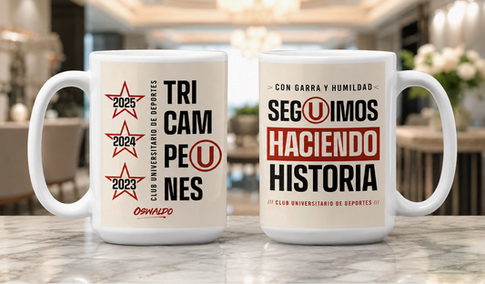Taza Tricampeón Universitario Personalizado con tu Nombre | Tazas Personalizadas de Universitario | Tazas Blancas de 15 oz