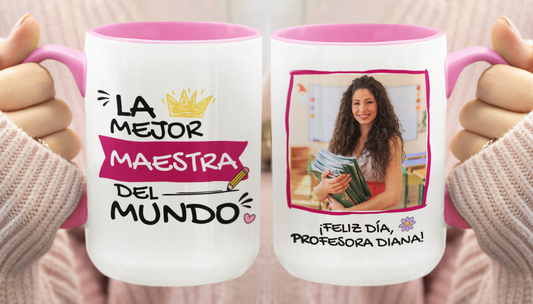 Taza Tu Profesora Favorita en tu taza Personalizada_-Taza Blanca y Rosada 15 oz-Tazas Día del Maestro -Taza Profesor