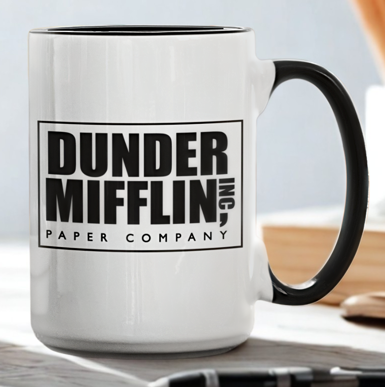 Taza Logo de Dunder Mifflin- Taza Blanca y Negra 15 oz - Taza de The Office- Tazas de series