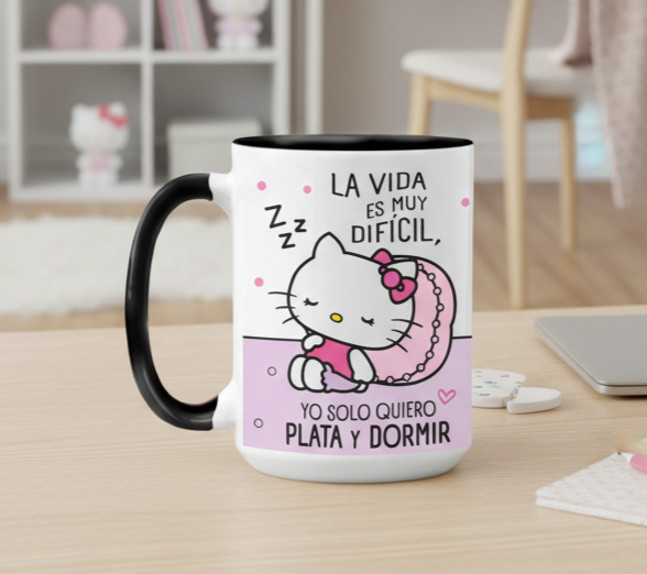 Taza Yo solo quiero Plata y Dormir | Tazas Hello Kitty | Taza Blanca y Negra de 15 oz
