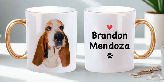 Tu Perro en tu taza con Nombre y Apellido - Taza Blanca y dorada de 11 oz - Tazas de Perros