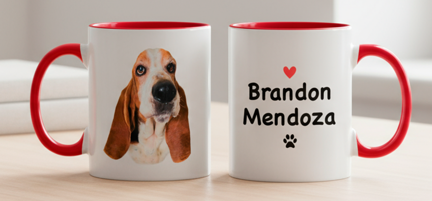 Tu Perro en tu taza con Nombre y Apellido - Taza Blanca y Roja de 11 oz - Tazas de Perros