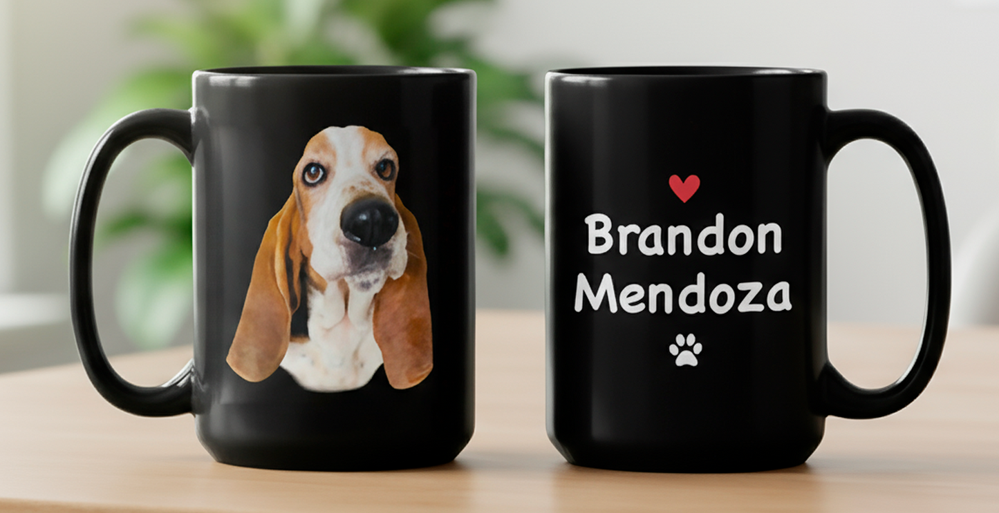 Tu Perro en tu taza con Nombre y Apellido - Taza Negra de 15 oz - Tazas de Perros