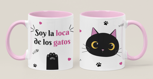 Taza Soy la Loca de los Gatos - Taza Blanca y Rosada 11 oz - Taza Gatos