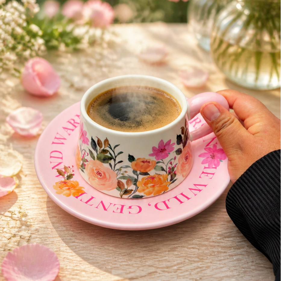 Taza de Flores con Plato de Colores | Tazas para Ellas