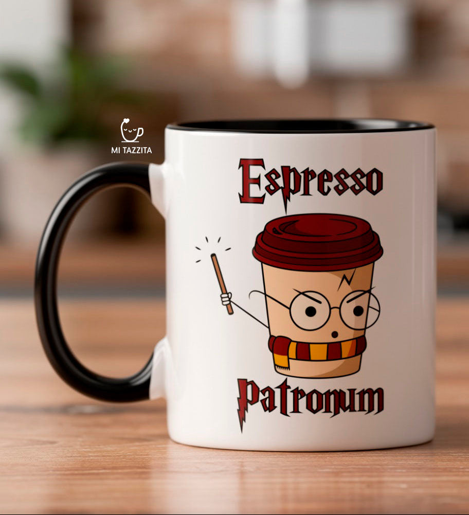 Taza Espresso Patronum | Tazas Harry Potter / Taza Blanca con Negra de 11 oz.