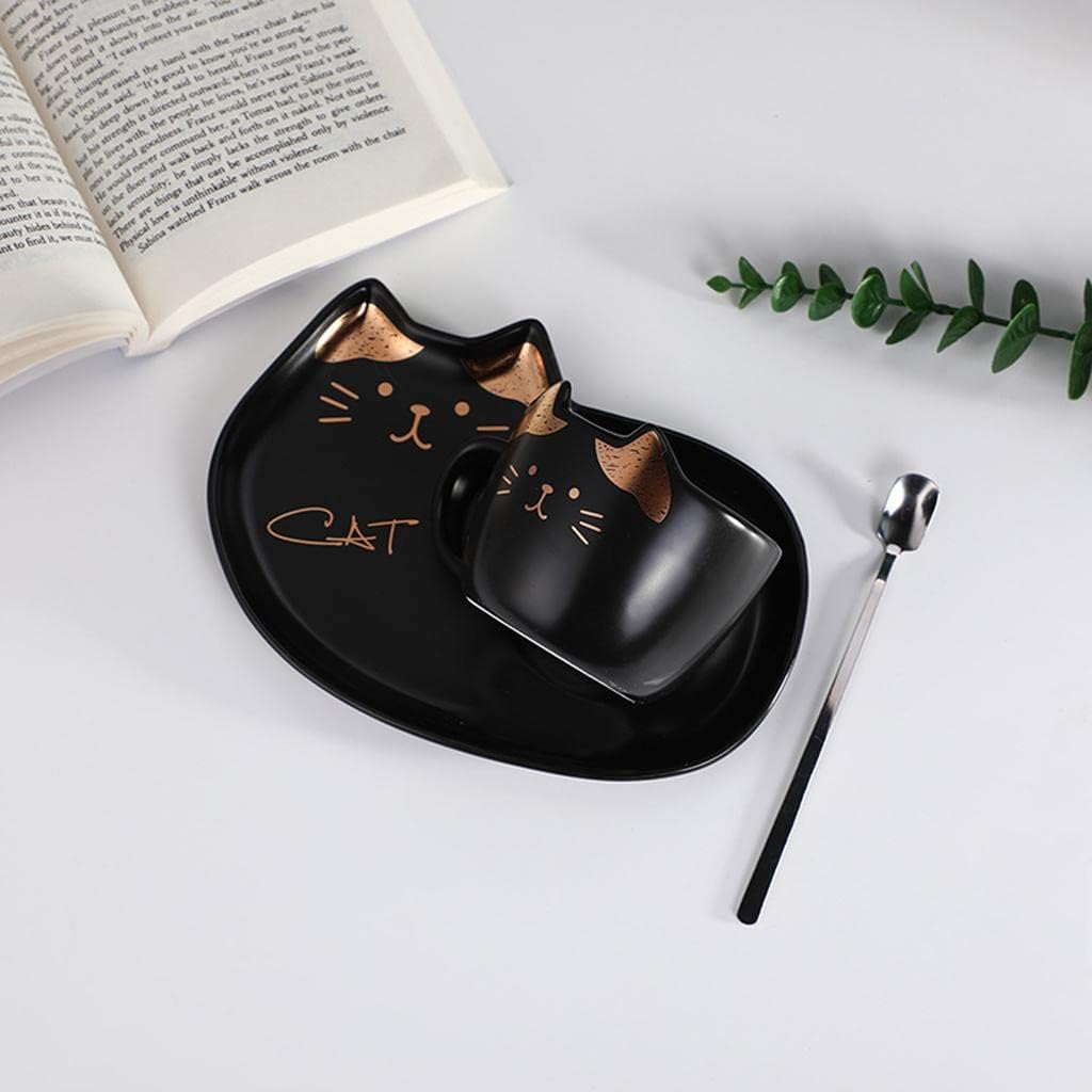 Taza Elegante de Gatito Negro y Dorado con Plato - Taza de Gatos