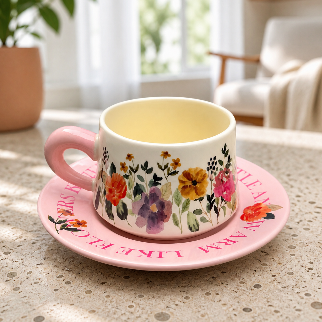 Taza de Flores con Plato de Colores | Tazas para Ellas