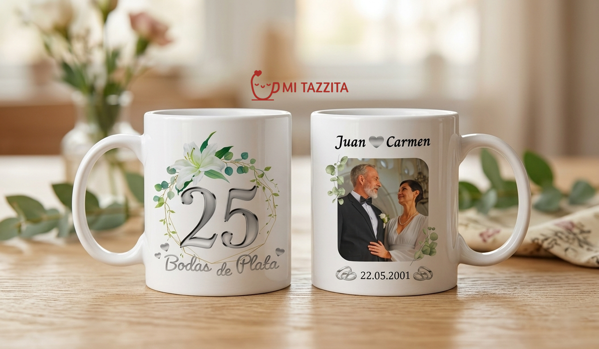 Taza Bodas de Plata Personalizado con Foto y Nombre