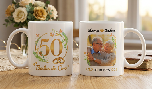 Taza Bodas de Oro Personalizado con Nombre y Foto