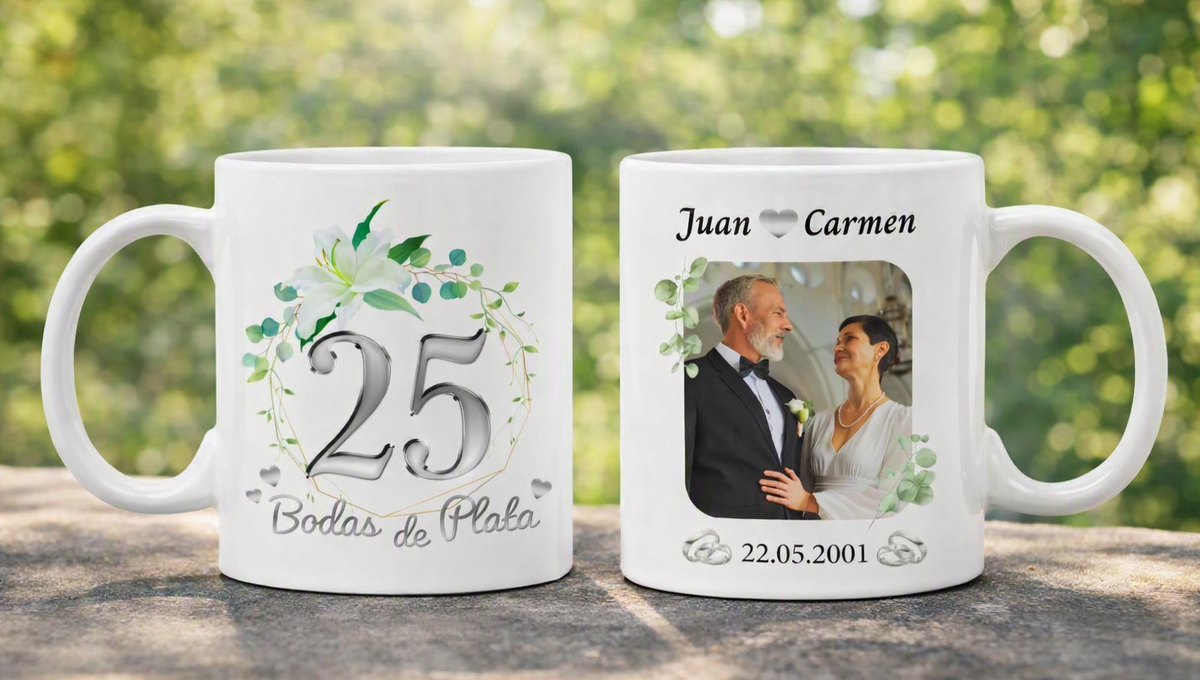 Taza Bodas de Plata Personalizado con Foto y Nombre