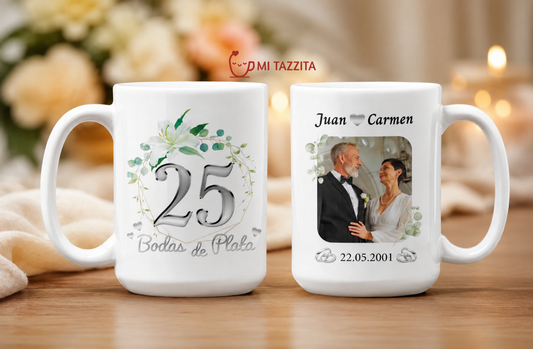 Taza Bodas de Plata Personalizado con Foto y Nombre