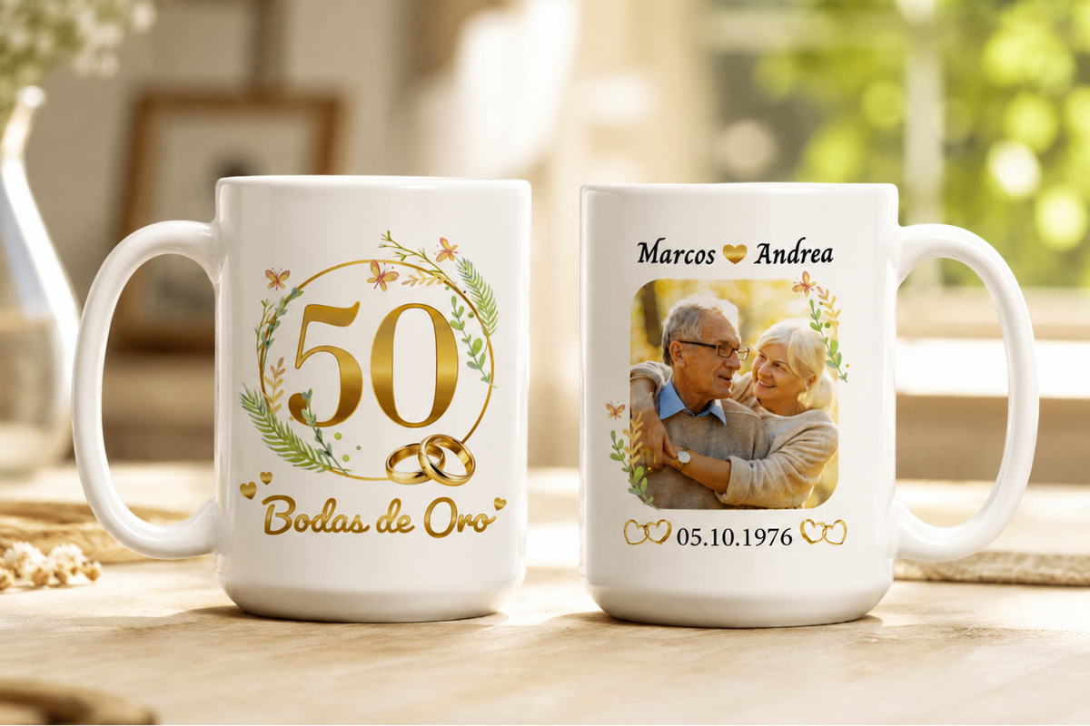 Taza Bodas de Oro Personalizado con Nombre y Foto