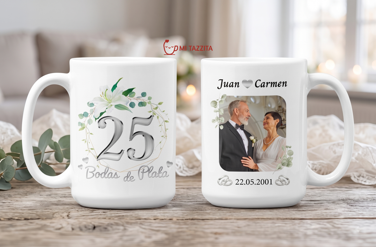 Taza Bodas de Plata Personalizado con Foto y Nombre